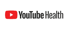 Logo de YouTube Health con fondo gris oscuro.